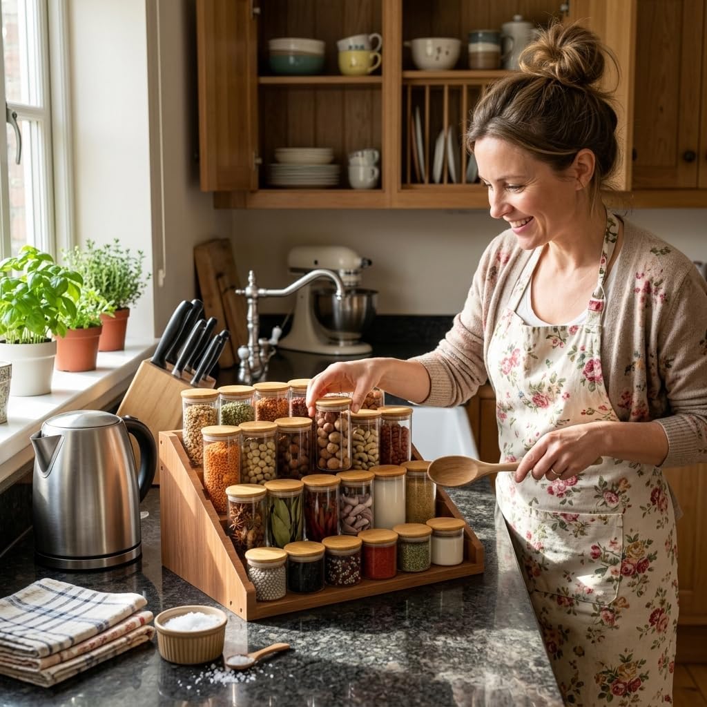 Solid Wood Spice Rack Organizer for Countertop & Cabinet, 4 Tier Adjustable Wooden Spice Shelf with Sliding Track