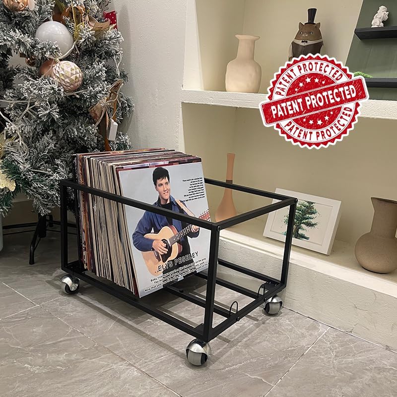 OrigoDeco Vinyl Record Storage Holder on Wheels - With Dust Cover - Holds up to 100 LP - Album Holder Display Stand