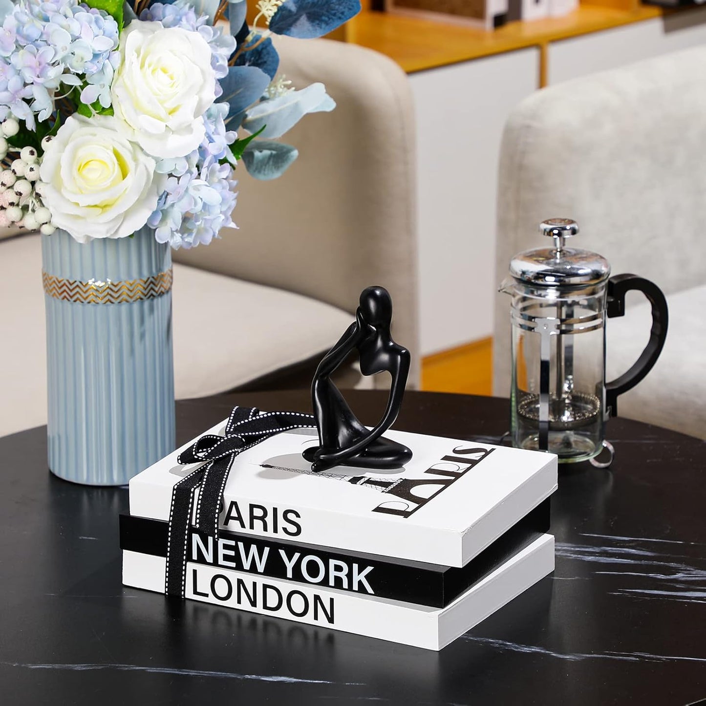 Resin Statue Thinker Decoration Wooden Farmhouse / Black, White / Paris, London, New York / Set of 4