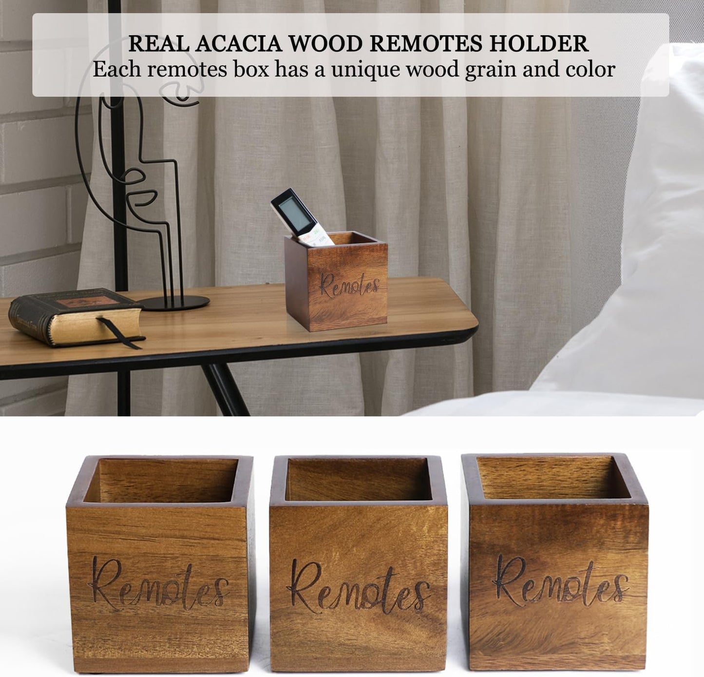 Acacia Wood TV Remote Holder / Brown-for 2 or 3 Remote Controls