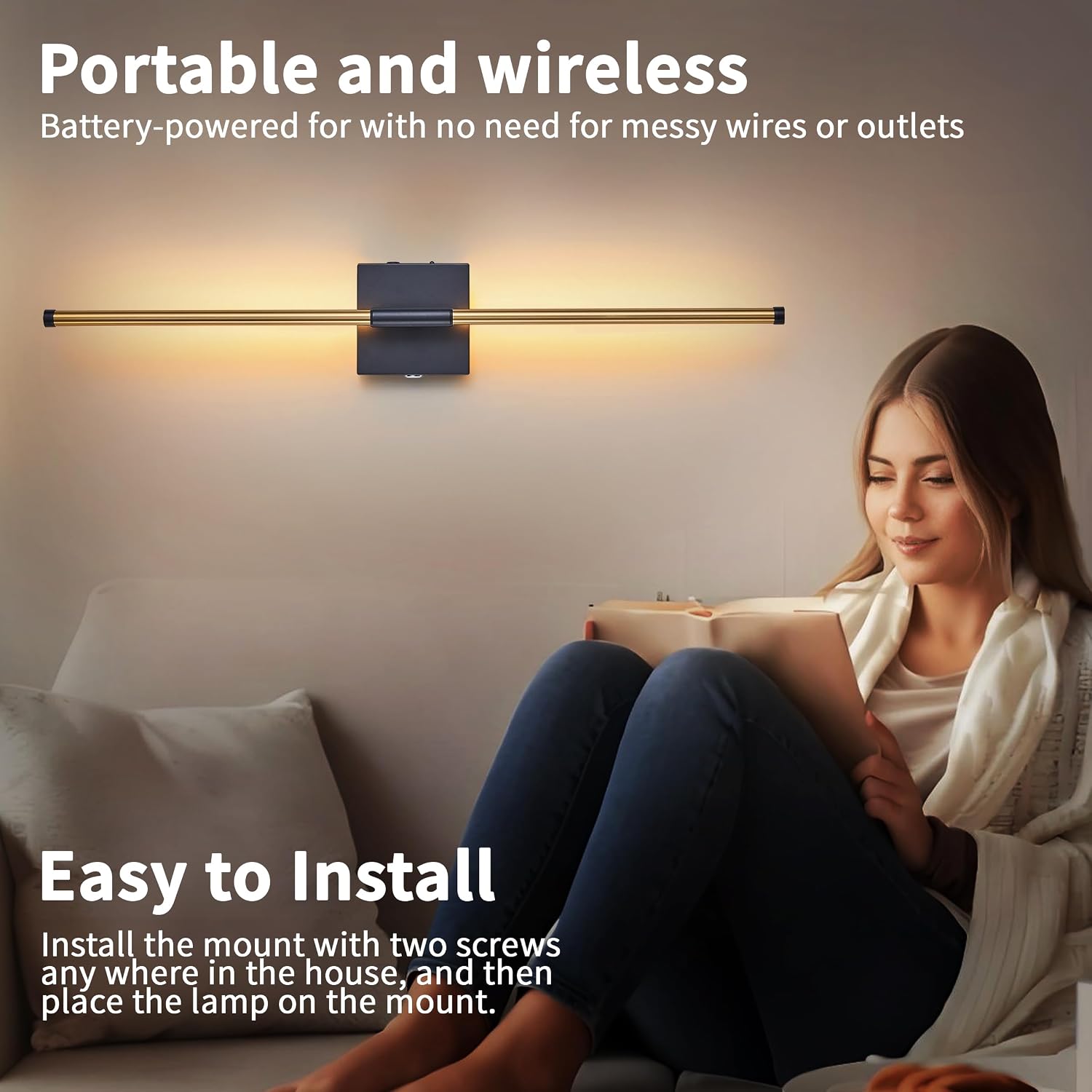 15800 mAh Battery Operated Wall Sconces with Remote Control Dimmable Wall Sconces Set of Two 3000K LED Brass Gold and