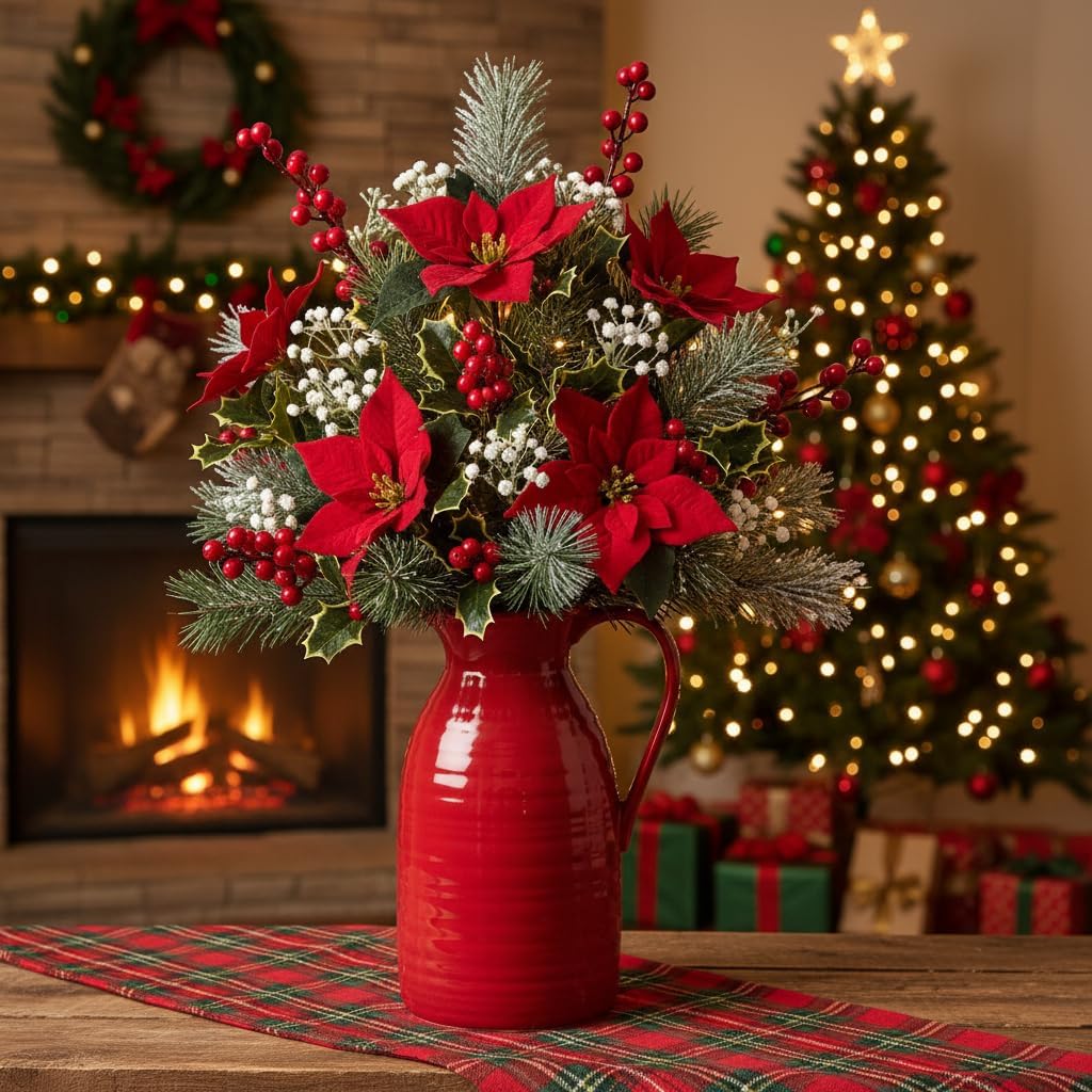 Farmhouse Pitcher Vase for Flowers- Ceramic Pitcher Vase Red Decorative Pitcher / Red - Pitcher Vase