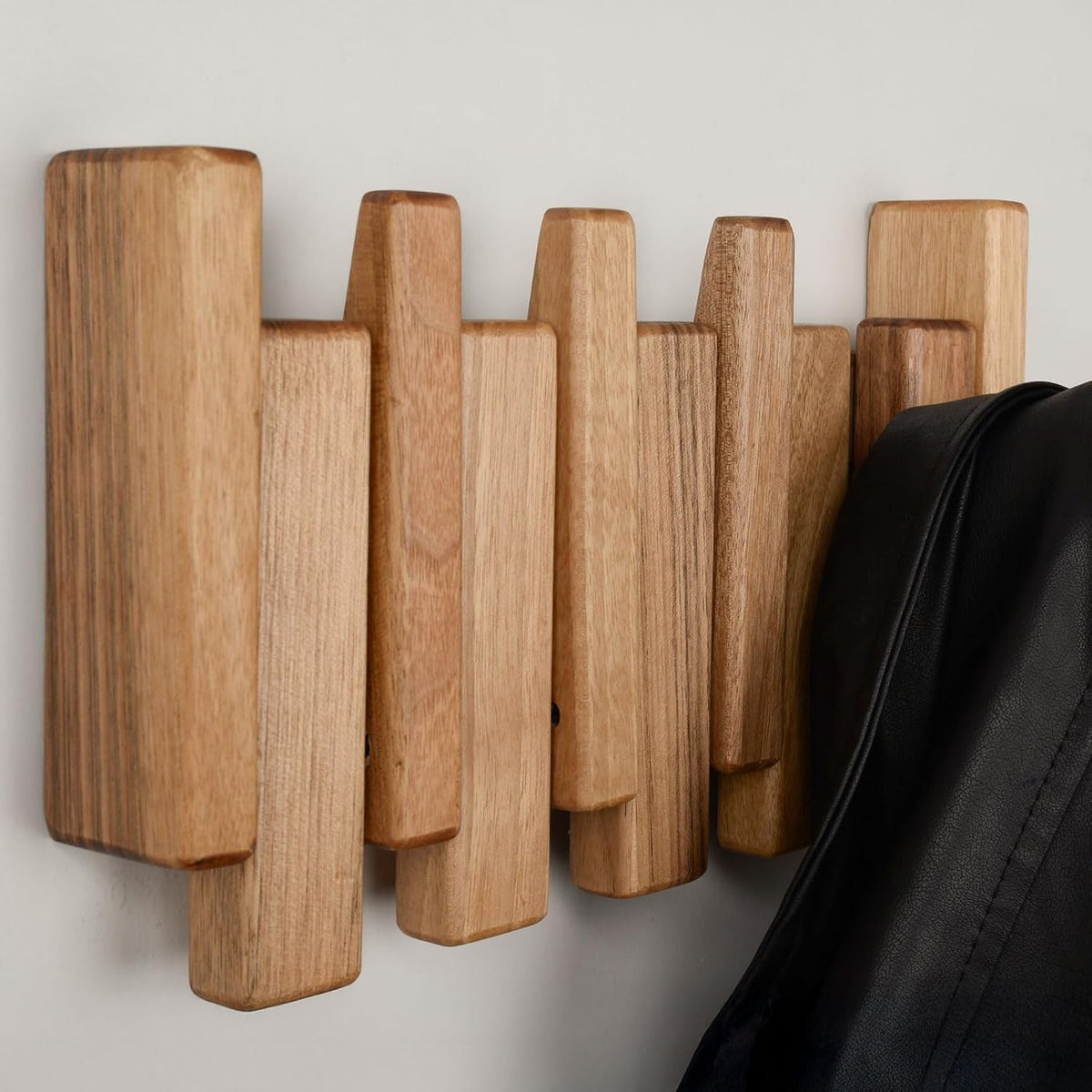 Walnut Piano Key Coat Rack with 4 Flip Hooks | Solid walnut wall-mounted coat rack with 4 flip hooks for coats, hats