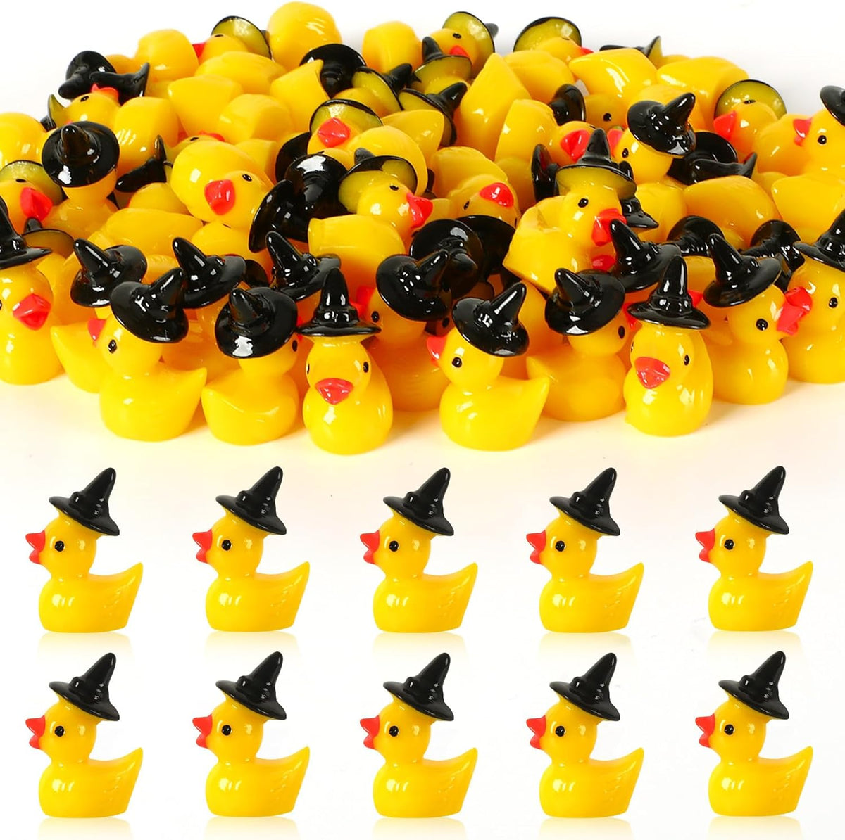 JUNEBRUSHS 50 Pcs Halloween Mini Resin Duck, Tiny Witch Ducks Miniature Witch Hat Duck Figurine for Halloween Crafts Home Table Decorations