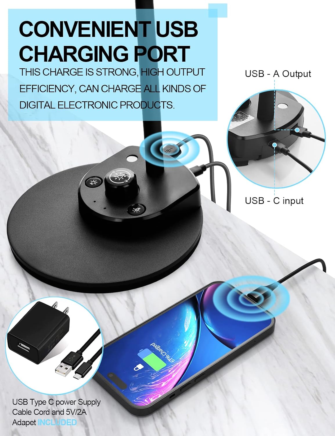 BOHON LED Desk Lamp with USB Charging Port 3 Color Modes Dimmable, Black | Reading Light Intelligent Induction Auto