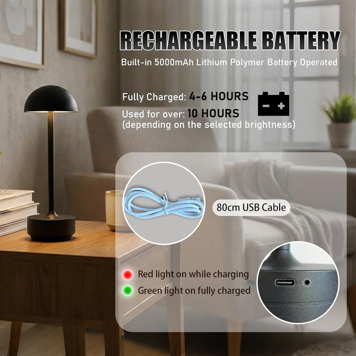 LED Cordless Table Lamp 5000mAh Rechargeable Battery Light Black | Outdoor Portable Battery Operated Up to 60H Touch 3