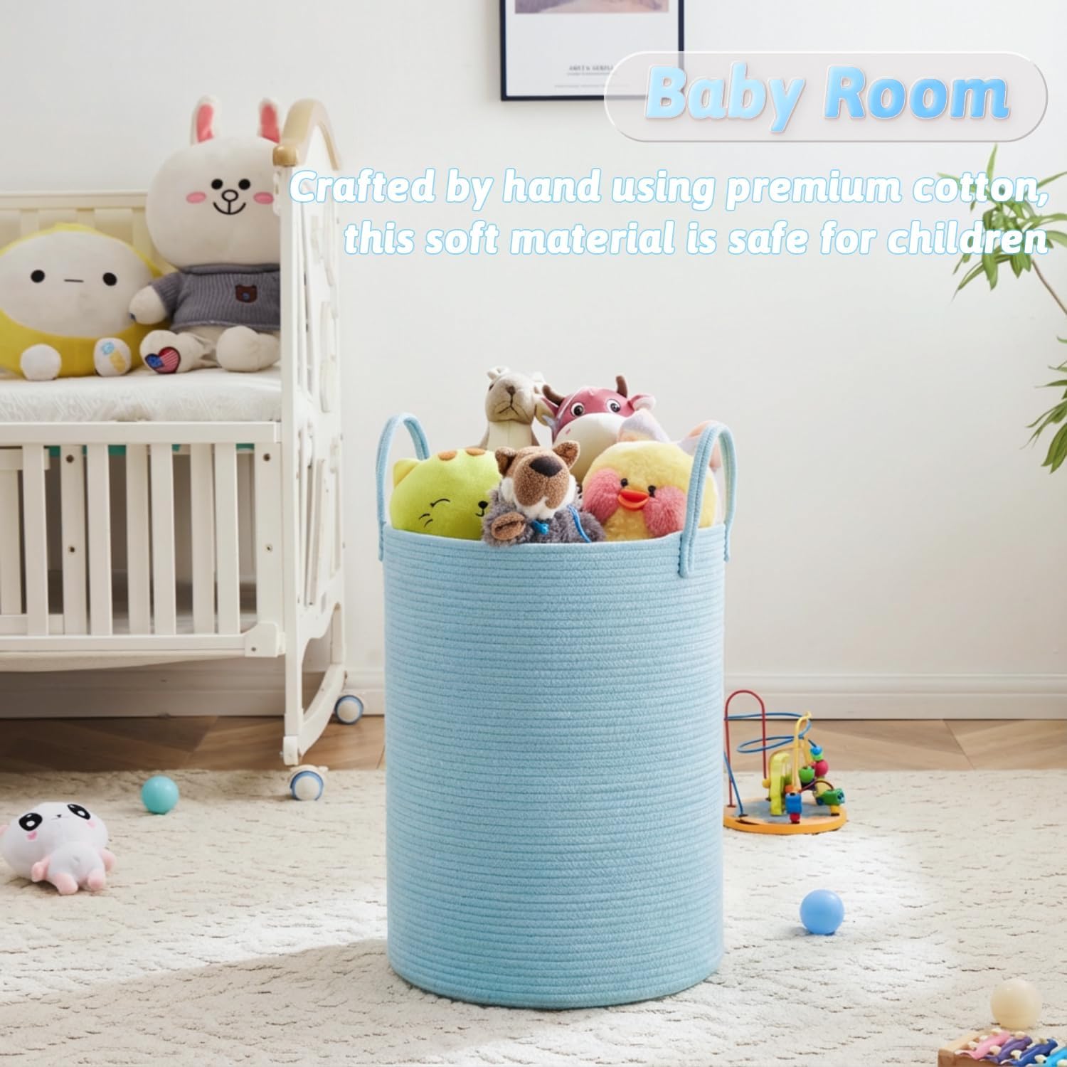 Laundry Basket / Woven Cotton Rope Laundry Hamper / Blue / 60L