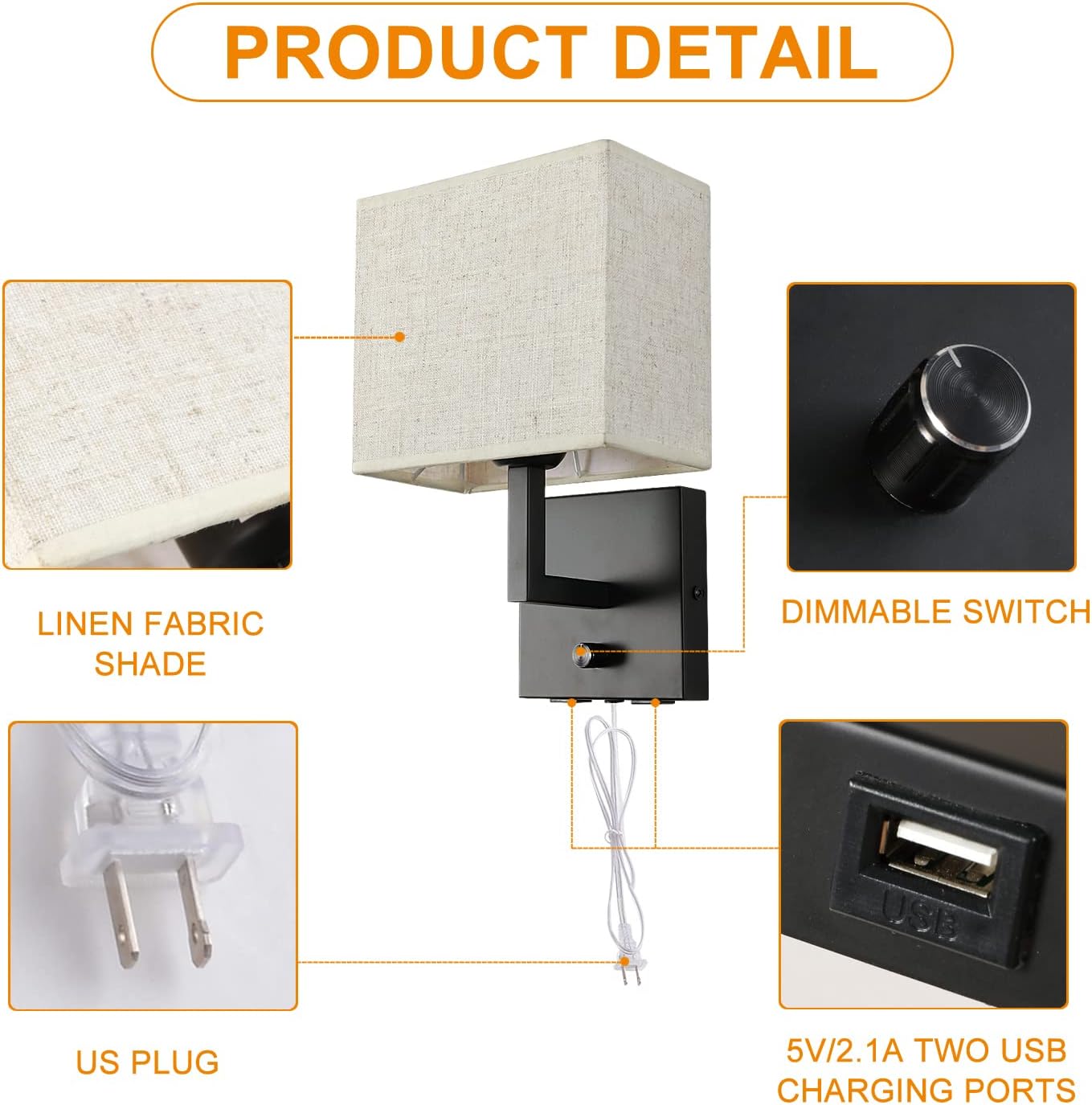 Bedside Wall Mount Light with Dimmer Switch and Two USB Charging Port, Fabric Linen Shade Wall Sconces Light with Plug