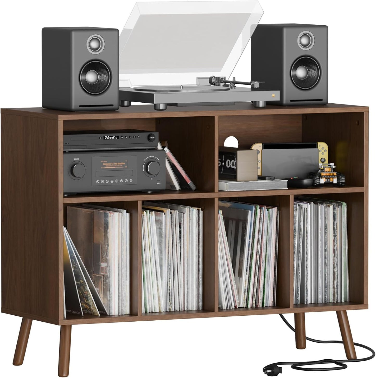 Record Player Stand with Vinyl Storage Cabinet, Wood Turntable Table Open Shelf Holder Up to 350 Albums Cube Storage