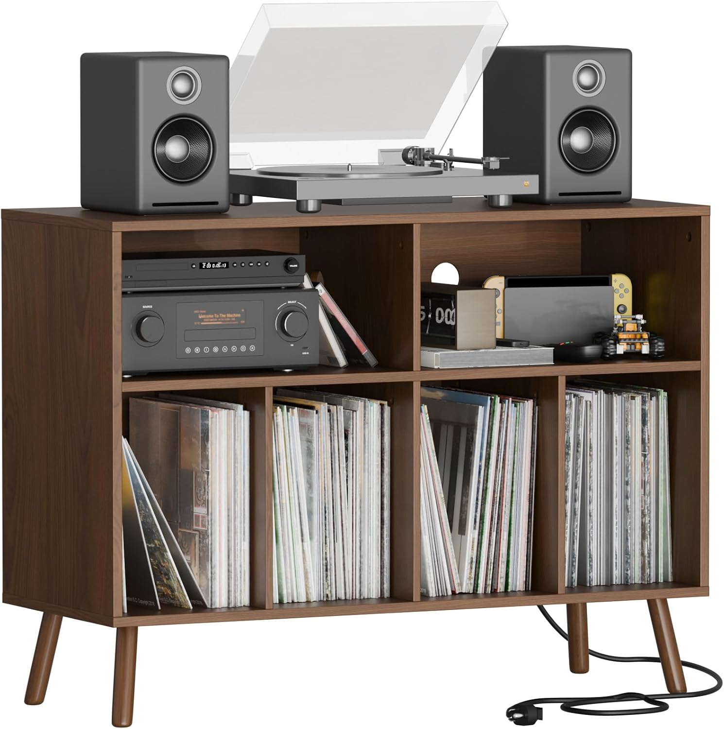 Record Player Stand with Vinyl Storage Cabinet, Wood Turntable Table Open Shelf Holder Up to 350 Albums Cube Storage