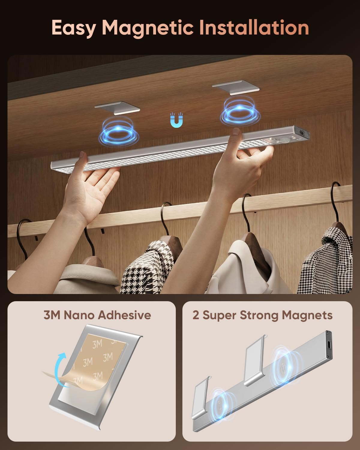 12inch Under Cabinet Lighting, 152LED Motion Sensor Light Indoor, USB Rechargeable Closet Lights, 3 Color Temps