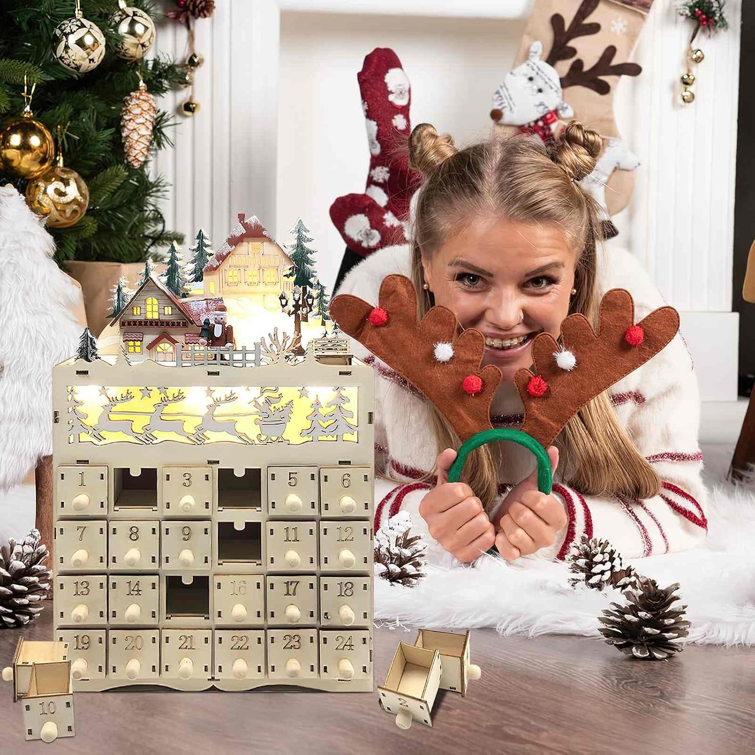 Wooden Advent Calendar Wooden Advent Calendar with 24 Drawers LED Lighted Christmas Advent Calendar Empty Advent