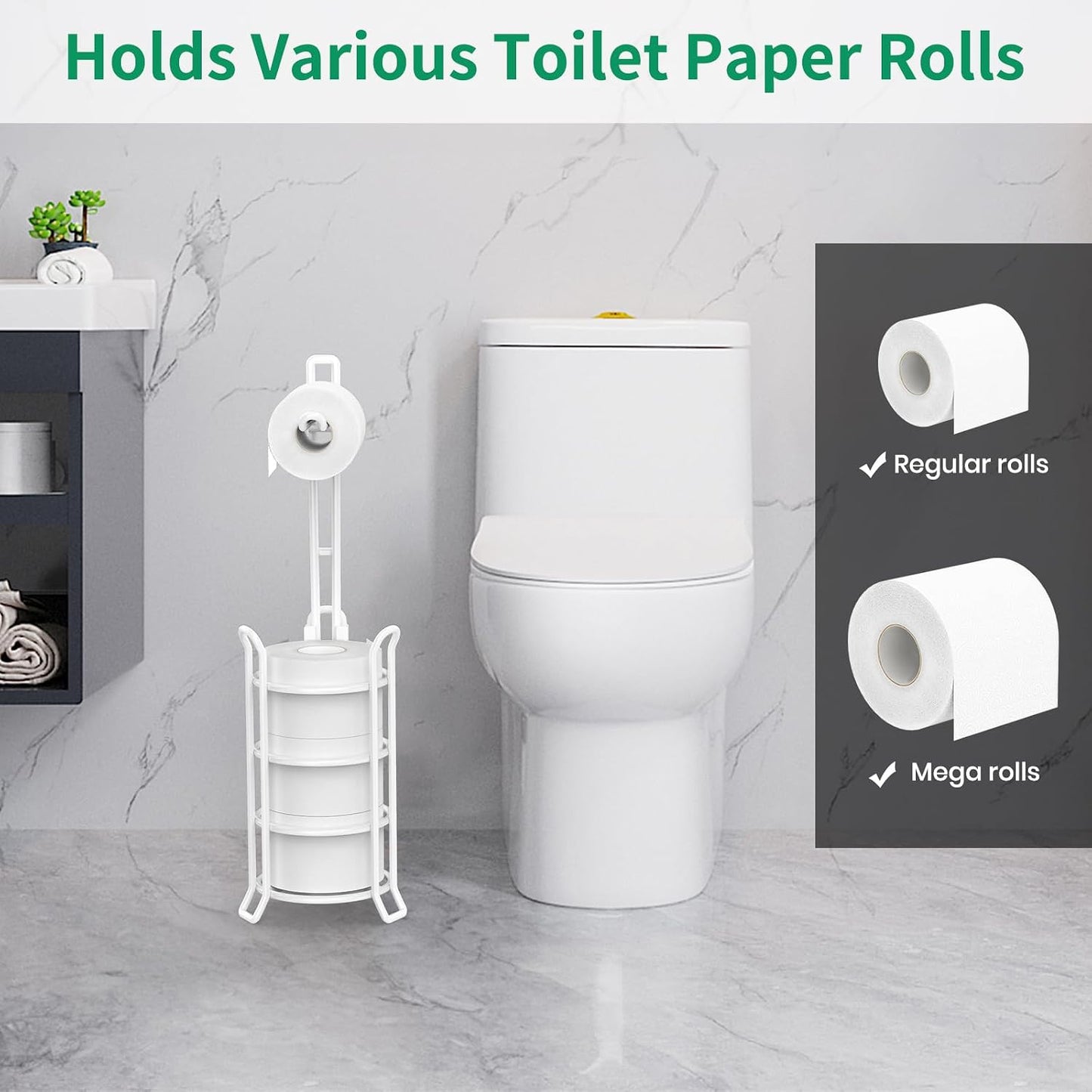 TomCare Toilet Paper Holder Stand Free Standing, Holds 4 Mega Rolls, White | Tool-Free Assembly, Detachable Metal Wire