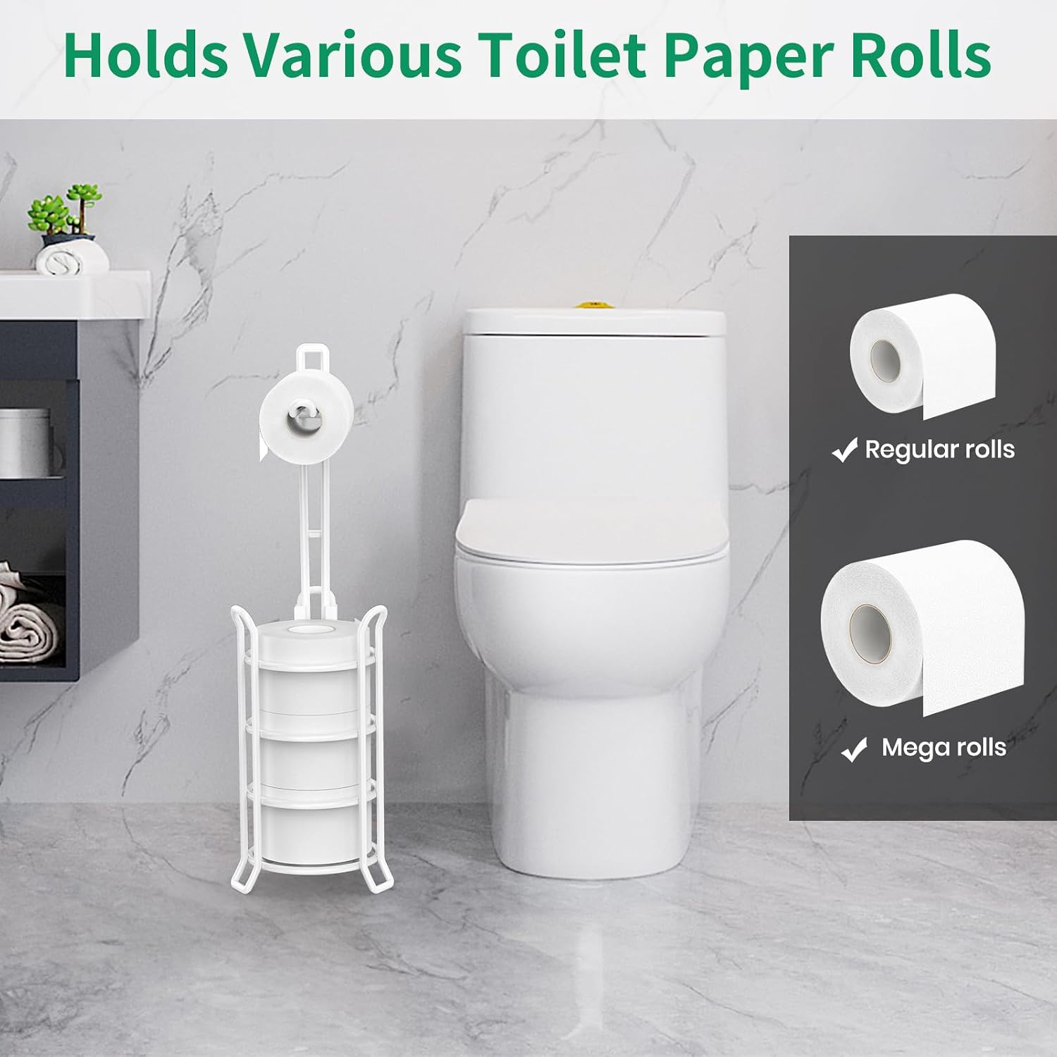 TomCare Toilet Paper Holder Stand Free Standing, Holds 4 Mega Rolls, White | Tool-Free Assembly, Detachable Metal Wire