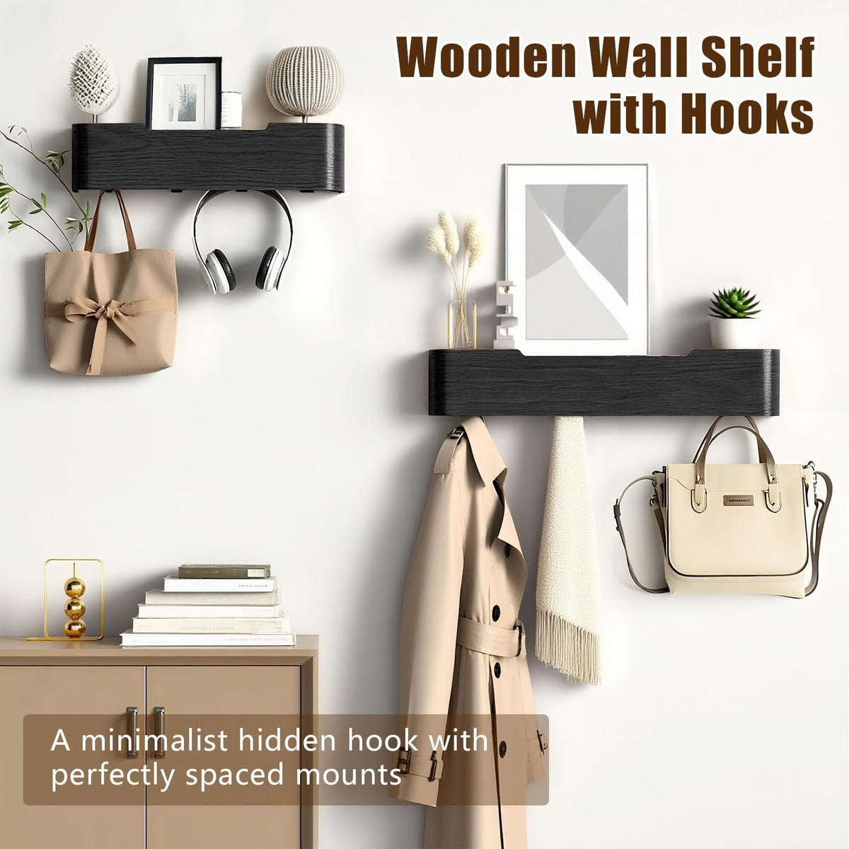 Coat Rack Wall Mount with Hidden Hooks, Wall Hooks with Shelf, Wall Key Holder Mount Wooden Shelf Entryway Hooks for