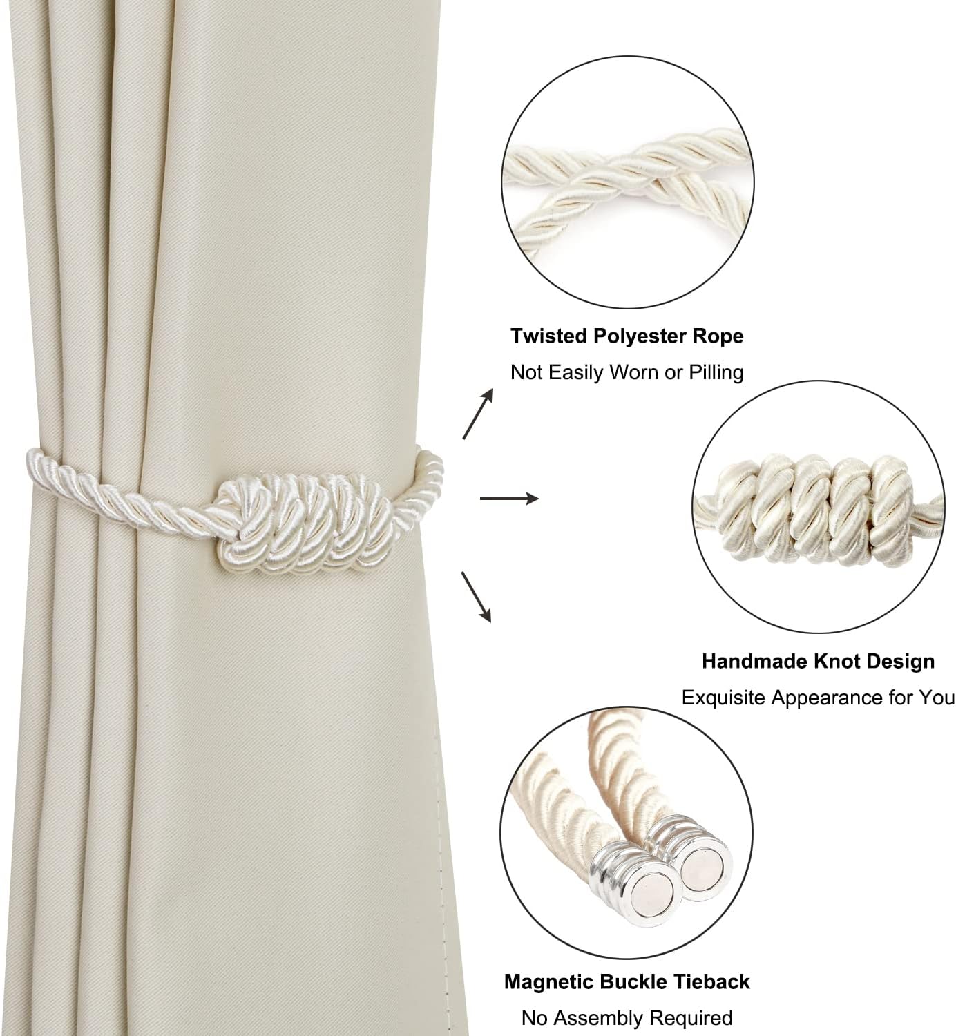 BEL AVENIR Magnetic Curtain Tiebacks 6 Pack Hand-Woven Curtain Ties | Beige Decorative Curtain Holdbacks Bohemian Style