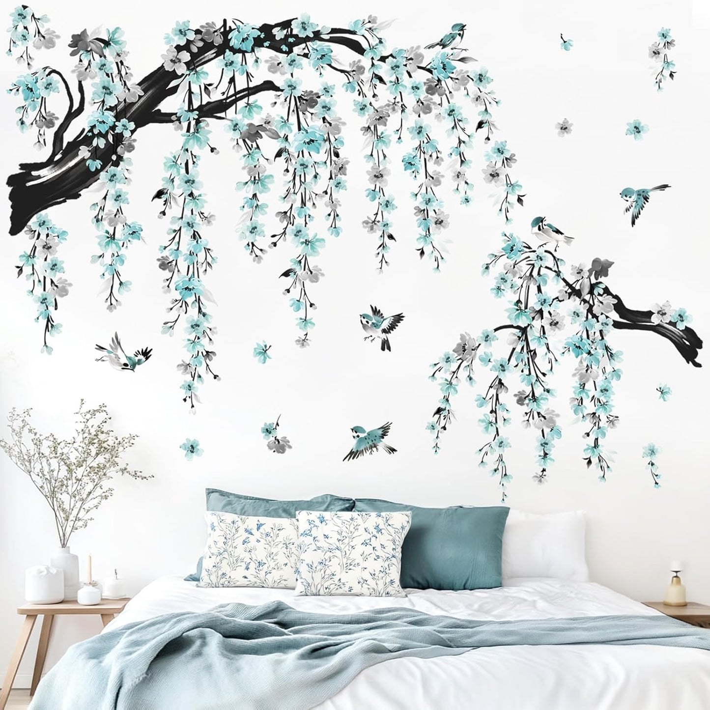 Large Watercolor Flower Branch Wall Stickers Blossom Tree Branches Peel and Stick Wall Art / Blue