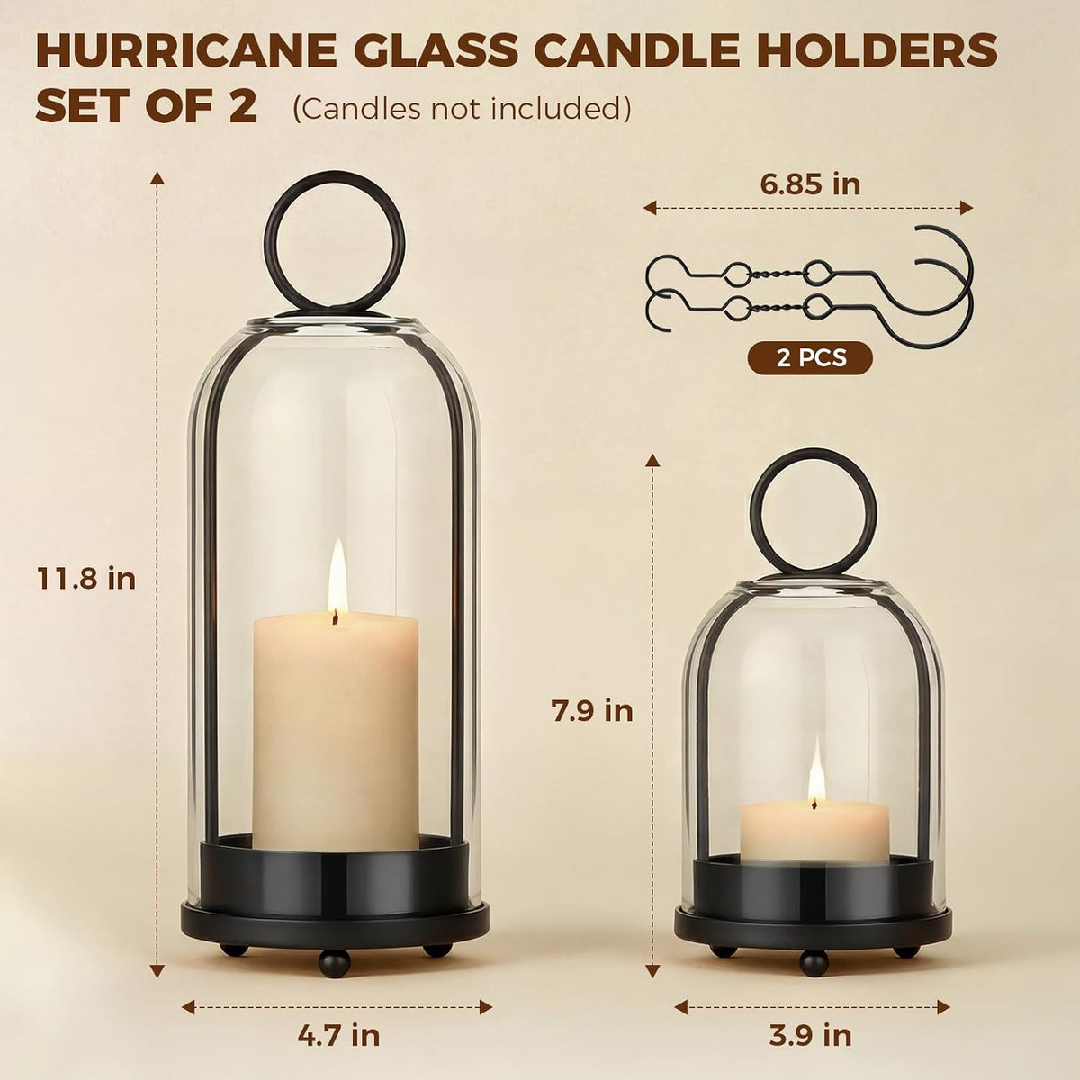 5"&4" Hurricane Glass Candle Holders, Hanging Black Metal Candle Holder | Glass Candlestick Holders for Pillar Candles