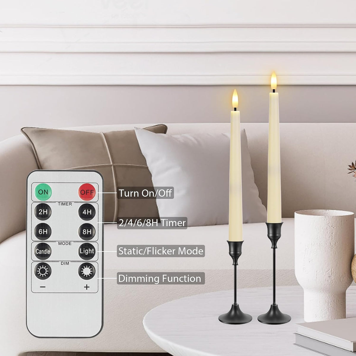 Flameless Taper Candles with Remote, Flickering Battery Operated Candles | Ivory Plastic LED Candlesticks, 9.6 Inches