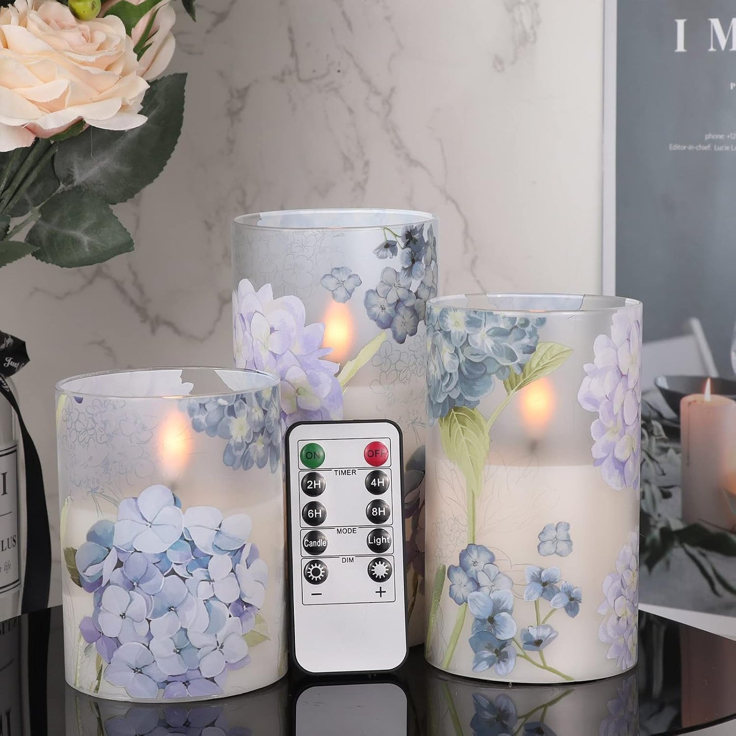 Rechargeable Hydrangea Glass Flameless Candles with Remote Timer | Battery Operated LED Pillar Candle, Real Wax 3D Wick