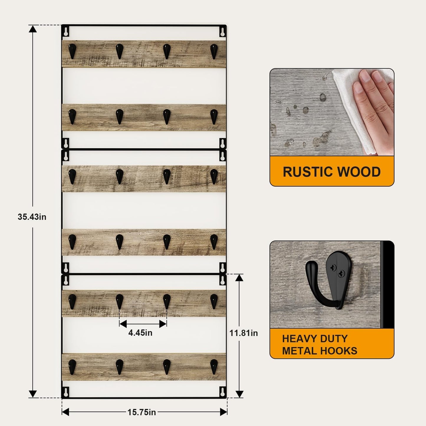 IBUYKE Coffee Mug Holder Wall Mounted,Set of 3,24 Hooks,Greige TBJ005Y-3 | Mug Racks for Wall Rustic Wood Coffee Mug