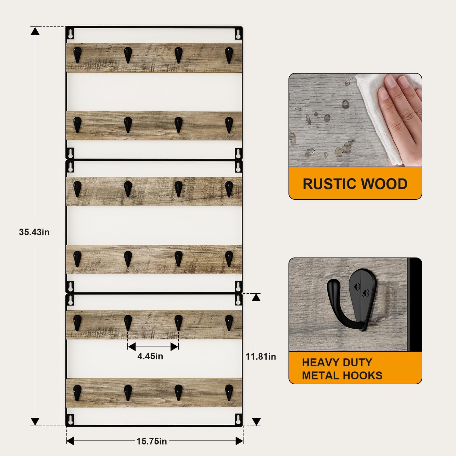 IBUYKE Coffee Mug Holder Wall Mounted,Set of 3,24 Hooks,Greige TBJ005Y-3 | Mug Racks for Wall Rustic Wood Coffee Mug