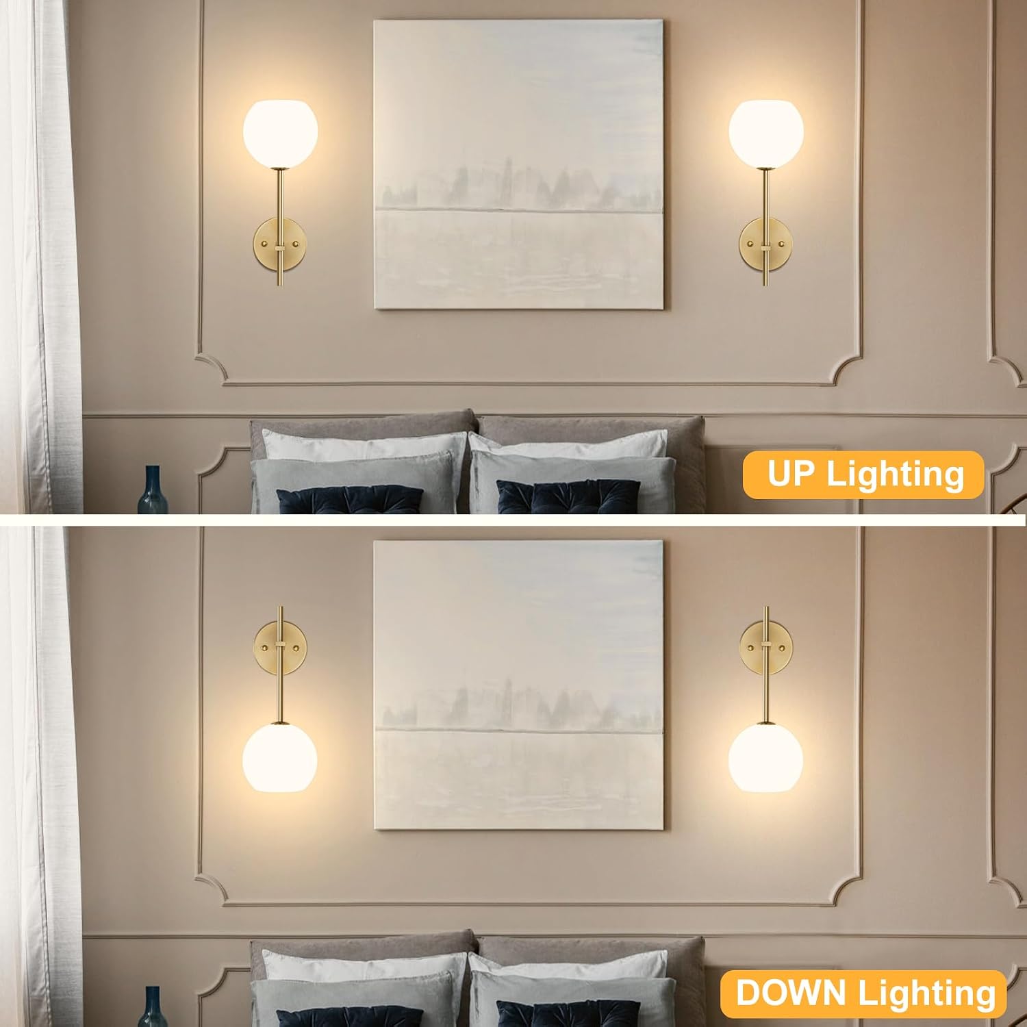 Gold Battery Operated Wall Sconces Set of 2, Rechargeable Wireless Wall Lights with Milky White Frosted Glass Shade, 12
