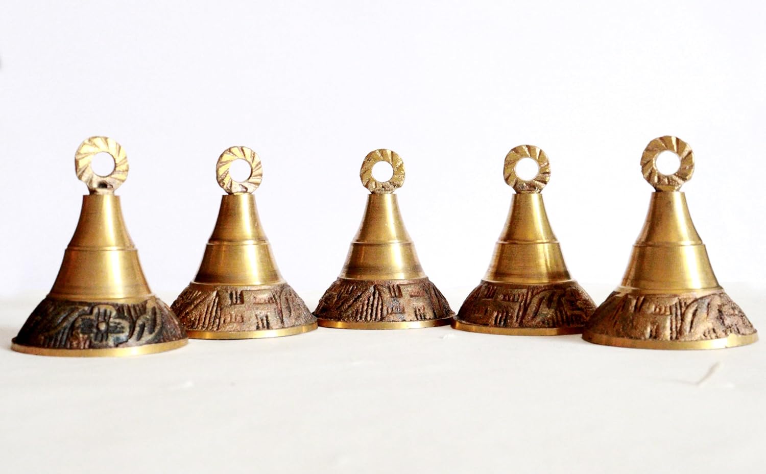 Solid Brass Pooja Bells with J Hook Home Decor Christmas Bell Wall Hanging Jingle Bell Ornaments New (24, Carving Bells
