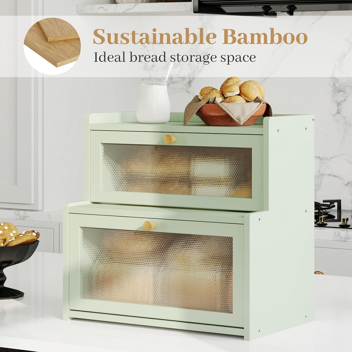 Bread Box for Kitchen Countertop, Large Bamboo Bread Storage Container with Double Layer, Bread Holder for Homemade