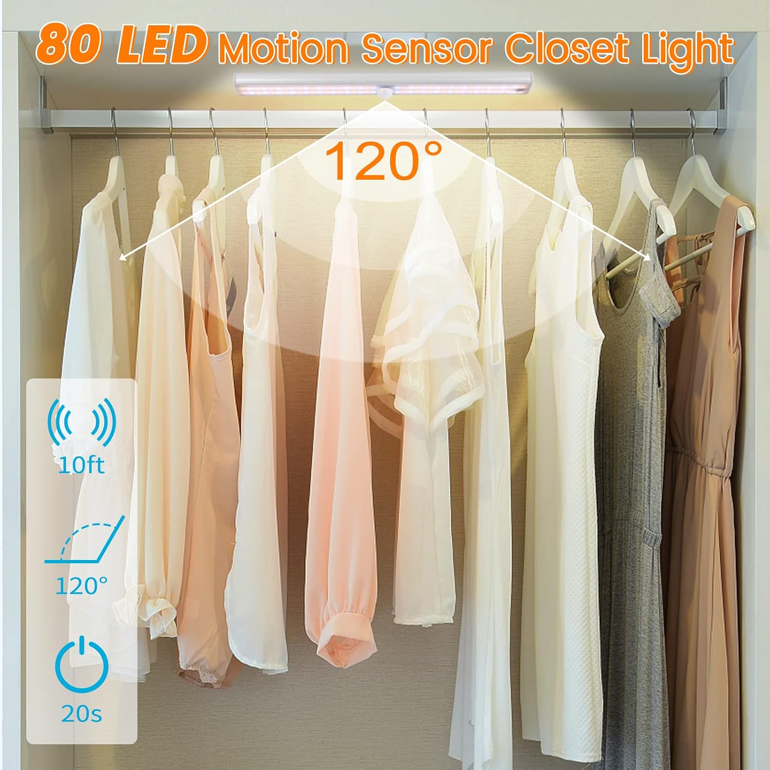 Wireless Motion Sensor Light Indoor, 80 LED Dimmable Closet Lights Rechargeable Under Cabinet Lighting, Magnetic