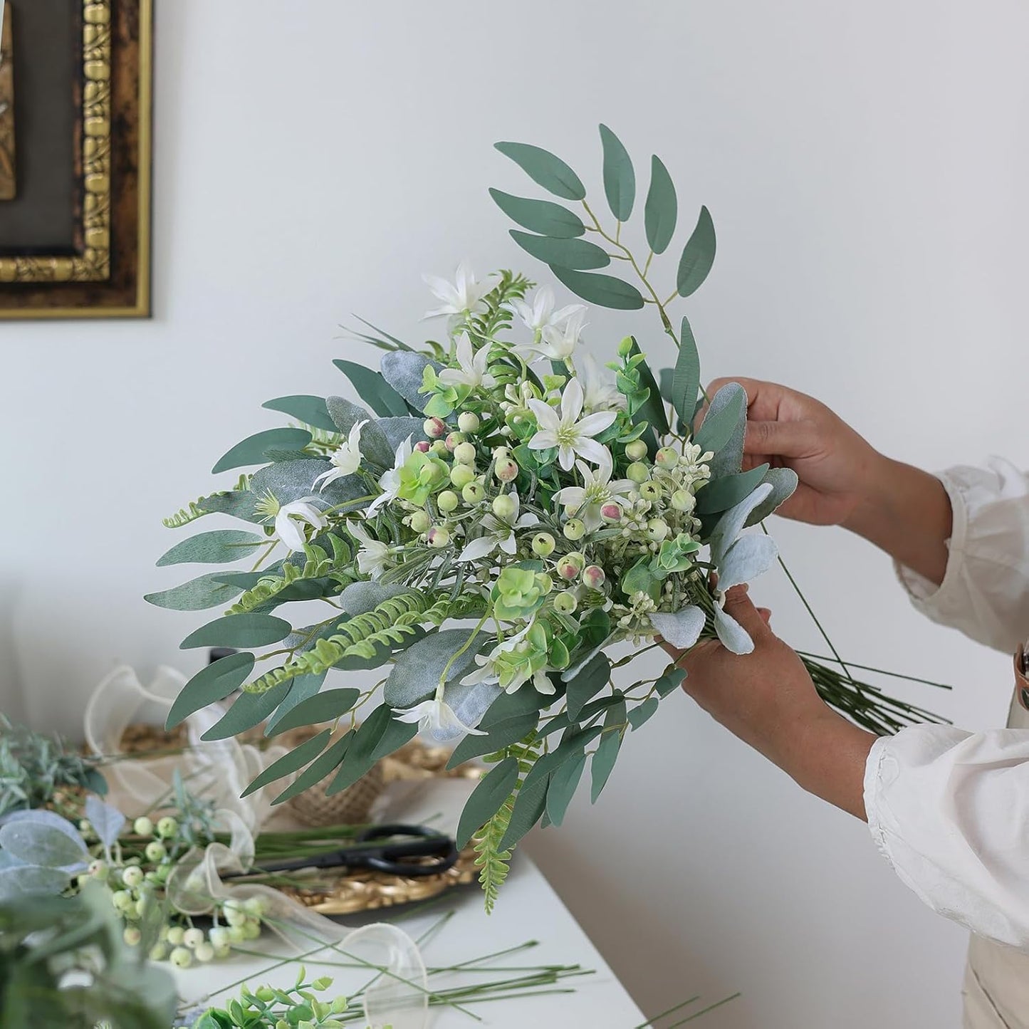 8 Kinds of Faux Plants and Fake Flowers for DIY Bridal Bouquets / Sage Green & White / Set of 70