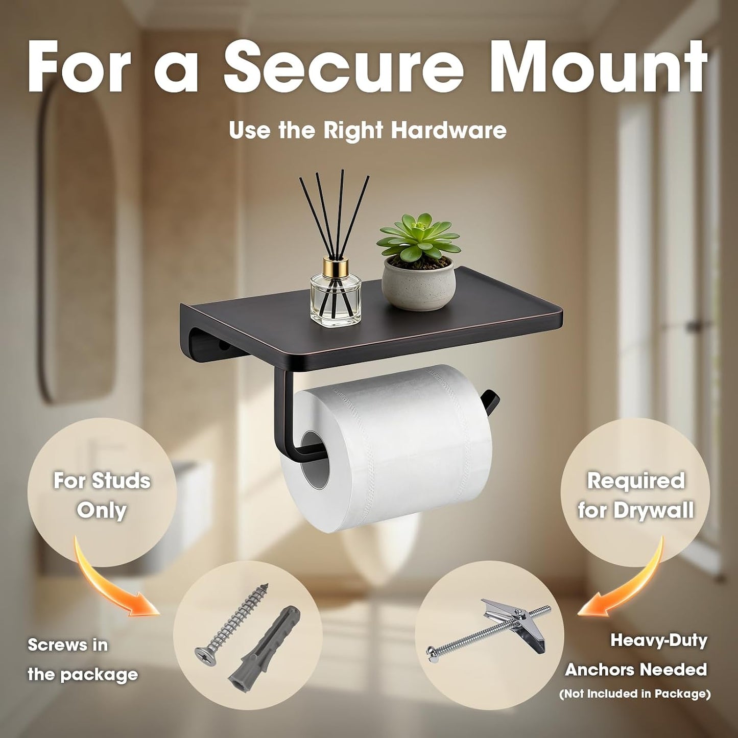 TRUSTMI Toilet Paper Holder with Shelf & Phone Stand, Oil Rubbed Bronze | Solid zinc alloy holder holds 15 lbs and fits