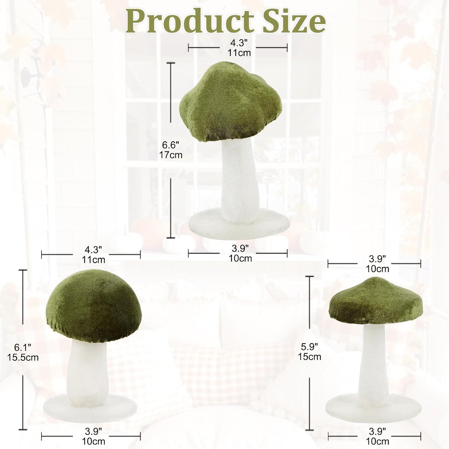 Velvet Mushrooms & White Artificial Mushroom Set Fake Fruits for Easter Home / Green / Set of 3