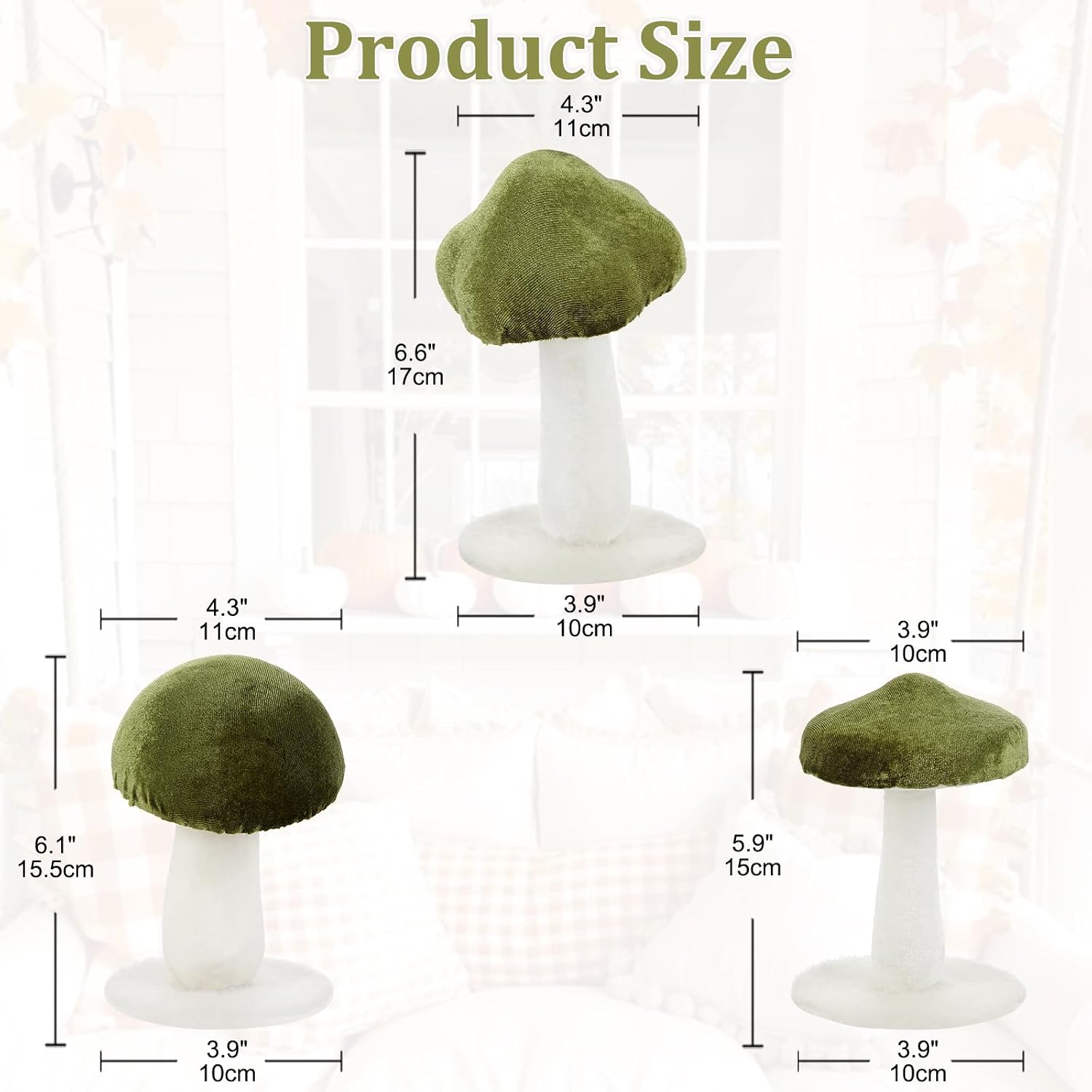 Velvet Mushrooms & White Artificial Mushroom Set Fake Fruits for Easter Home / Green / Set of 3