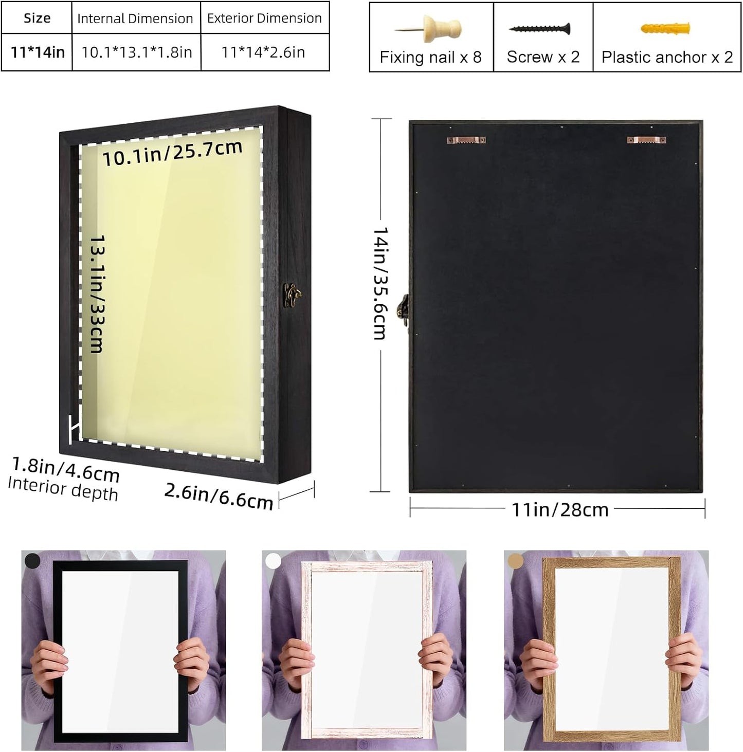 TJ.MOREE Shadow Box 11x14 Memory Display Case Wooden Picture Frame Black | Fits 10x13 Inserts with Linen Back, Rustic