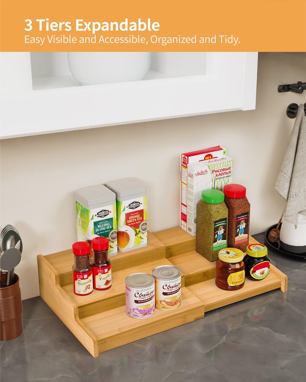 Spice Rack 3-Tier Natural Bamboo, Adjustable Cabinet Organizer Shelf | Expands 8.7-15.6"cabinets. Stepped design