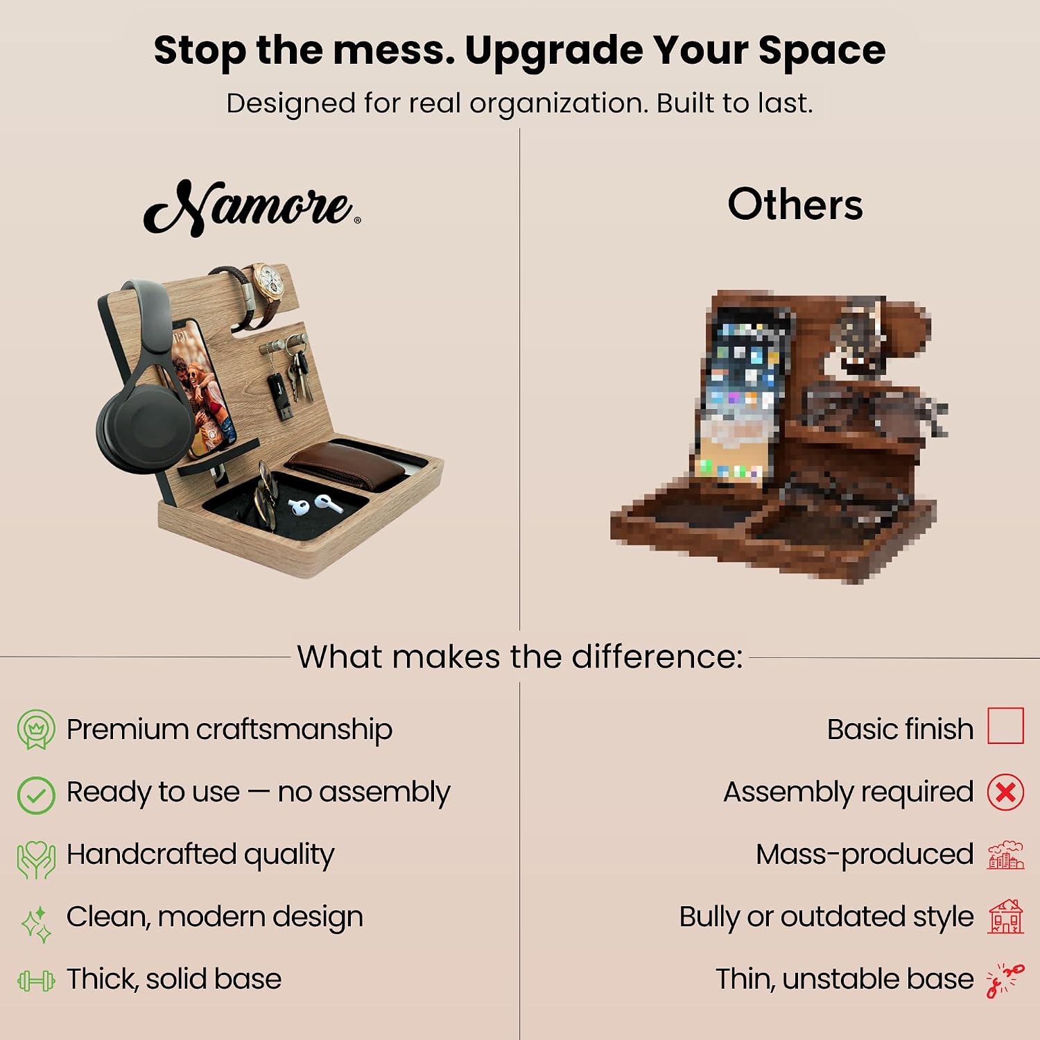 Namore Nightstand Organizer for Men – Wood Phone Docking Station & Bedside Valet Tray Organizer for Wallet, Watch &