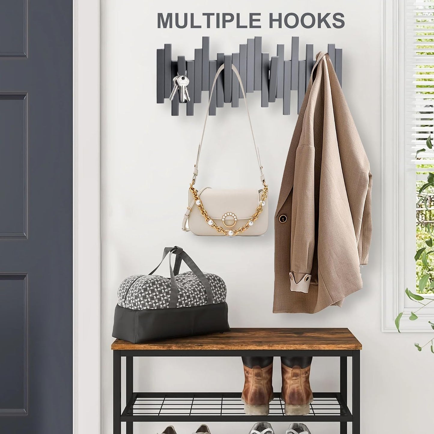 MinBoo Bamboo Multi Hook Coat Rack Modern, Unique, Space-Saving Coat Hanger with 4 Flip-Down Hooks for Hanging Scarves