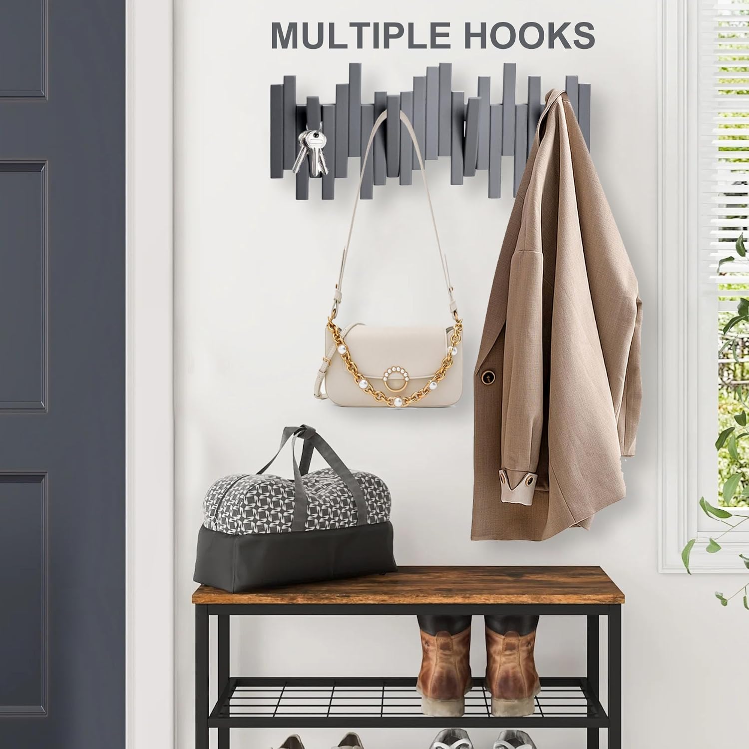 MinBoo Bamboo Multi Hook Coat Rack Modern, Unique, Space-Saving Coat Hanger with 4 Flip-Down Hooks for Hanging Scarves