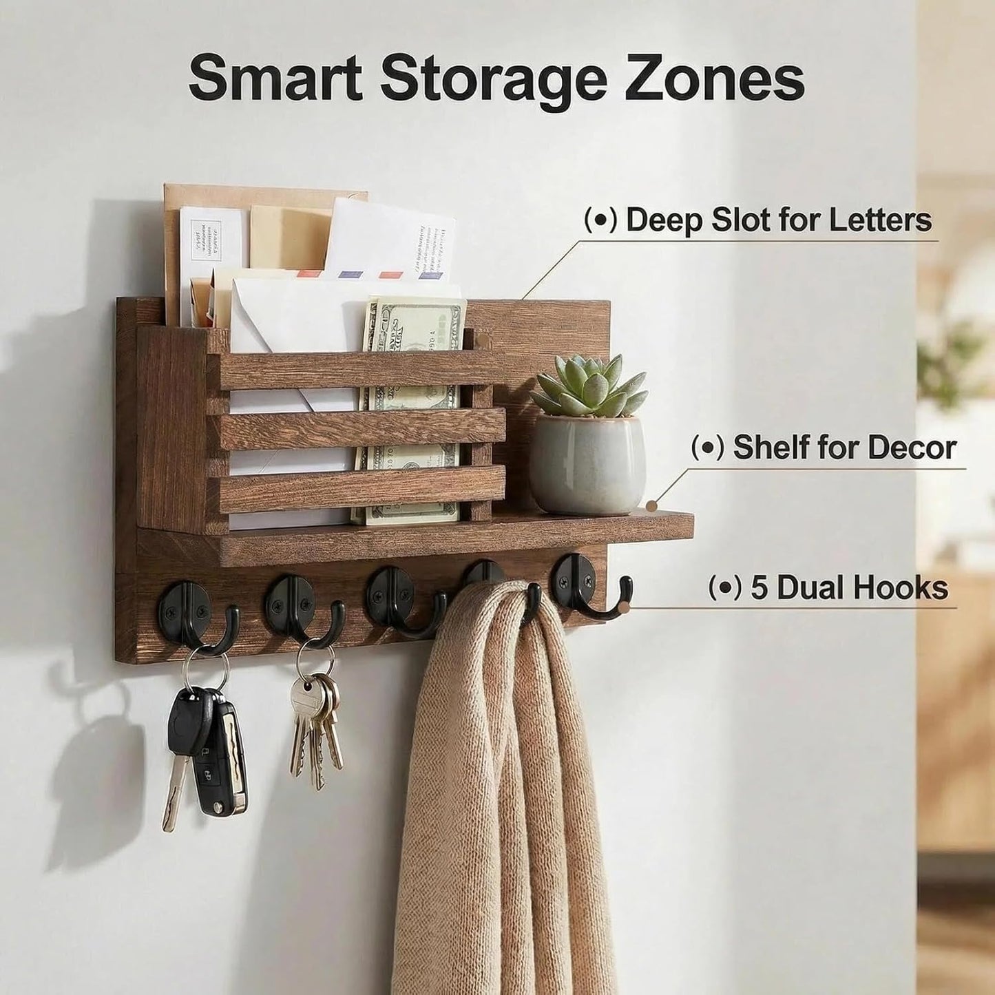 5 Metal Key Hooks / Brown / 11.8 x 6.7