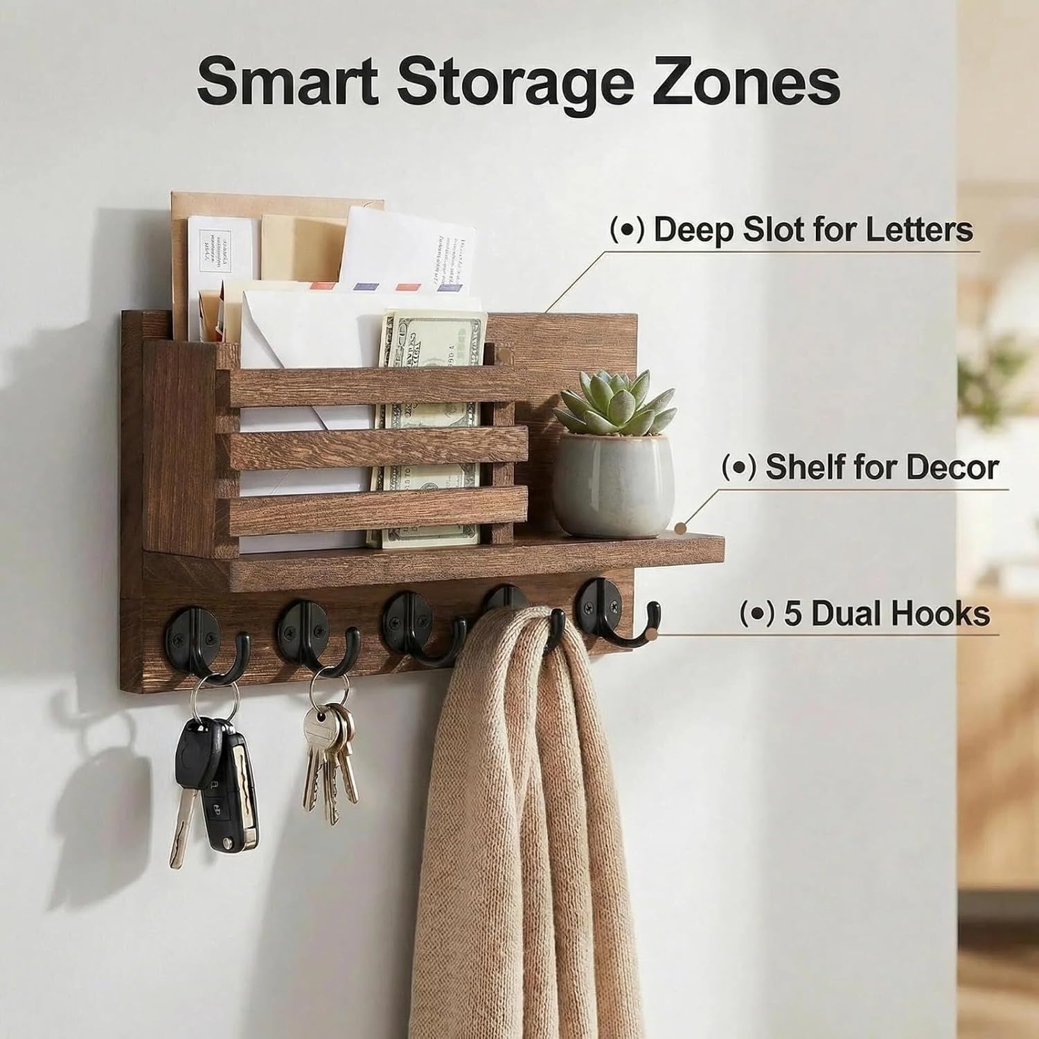 5 Metal Key Hooks / Brown / 11.8 x 6.7