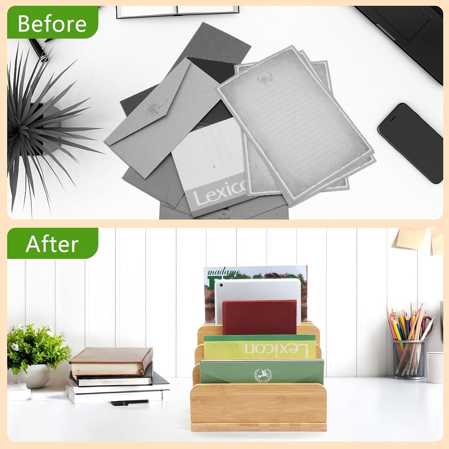Desk File Mail Organizer Countertop, 5 Slots Bamboo Folder Sorter Holder for Letter, Envelope, Paper, Bill Filing