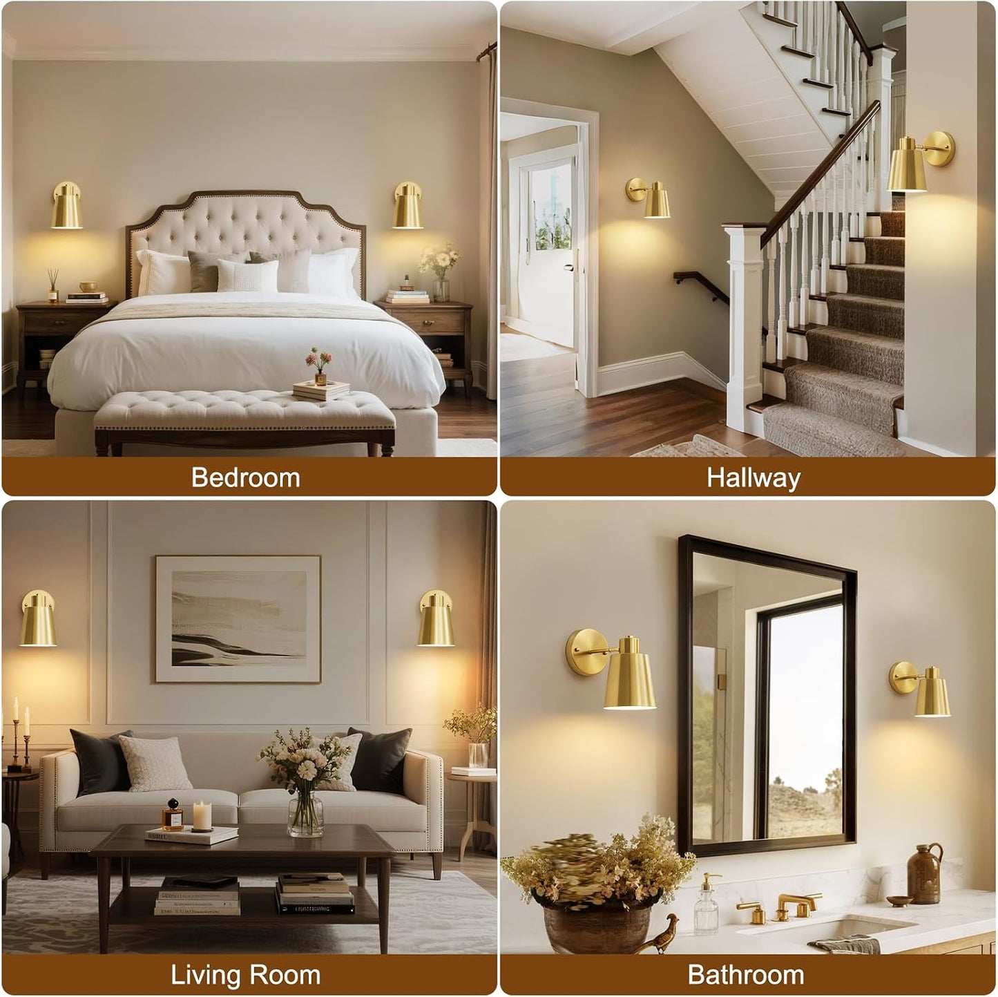 Gold Battery Operated Wall Sconces Set of Two with Remote, Rechargeable Battery Powered Wall Lights, 3 Color