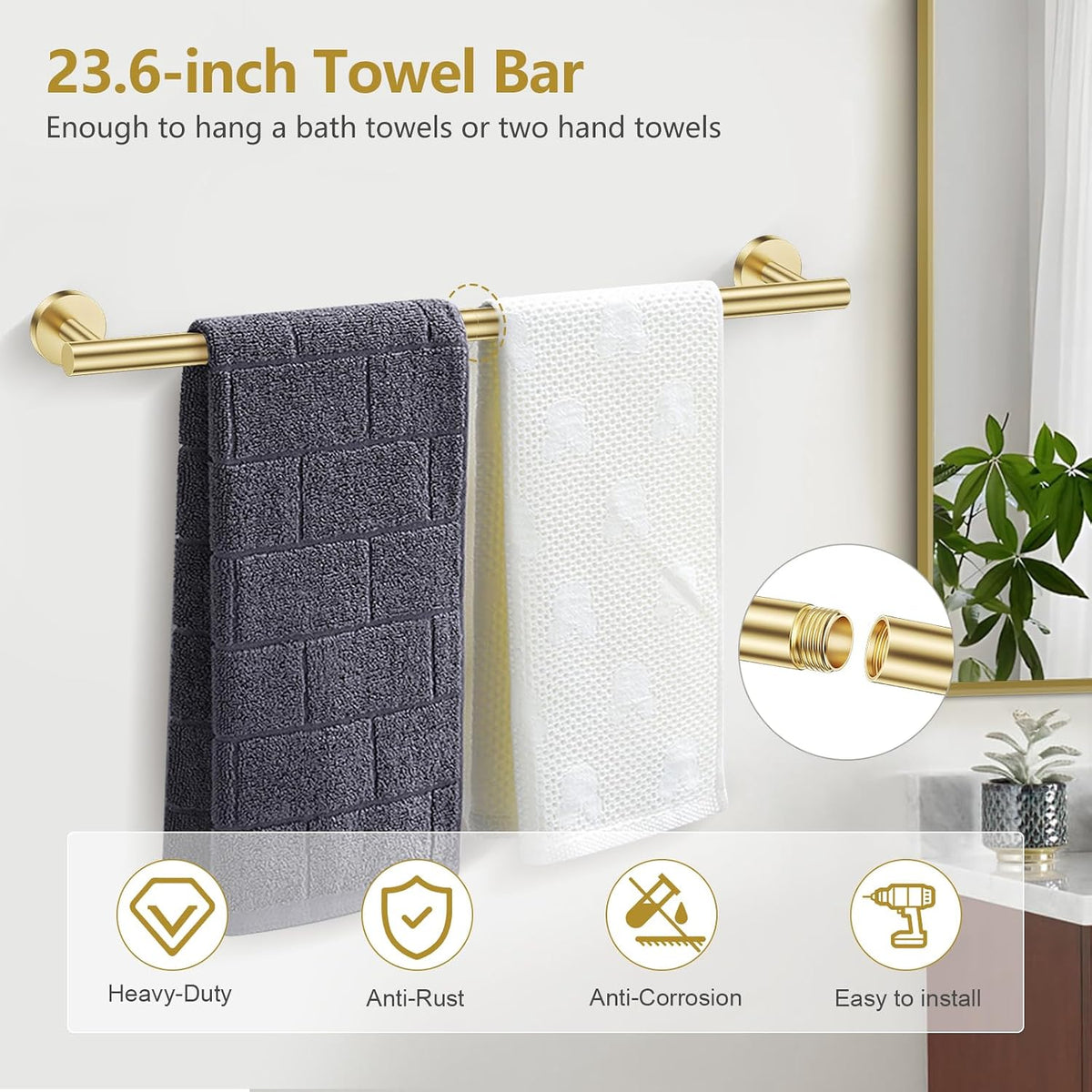 TQKAG Brushed Gold Bathroom Accessories, 5 Piece Towel Racks for Bathroom | 23.6" Bathroom Hardware Set, SUS304
