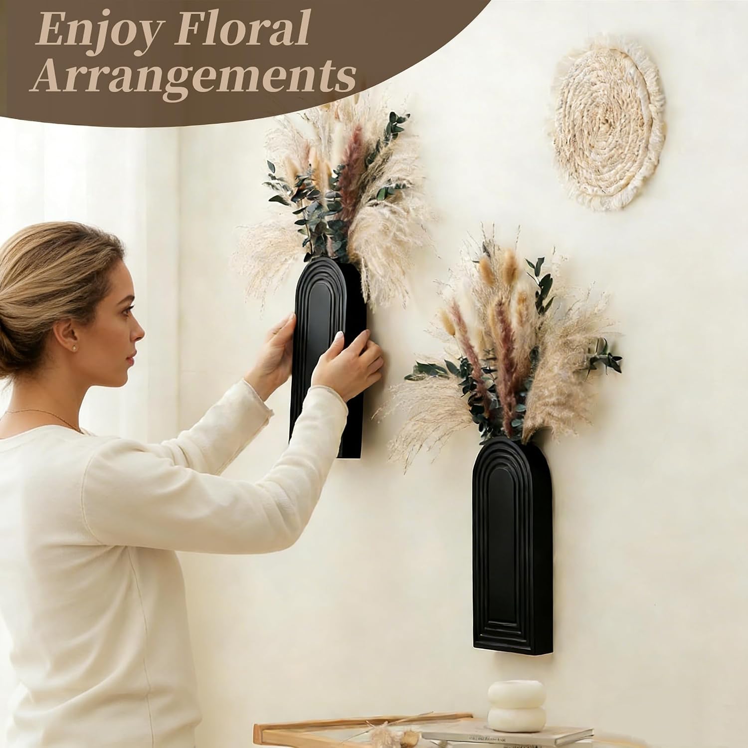 Wooden Wall Vase Set / Black with Dry Flowers / Set of 2