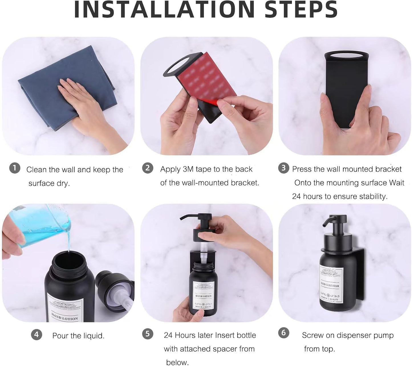 Black Glass Soap Dispenser Wall Mount for Bathroom with Pump and Drill-Free Holders - 8.5 Oz Hand Soap Dispenser