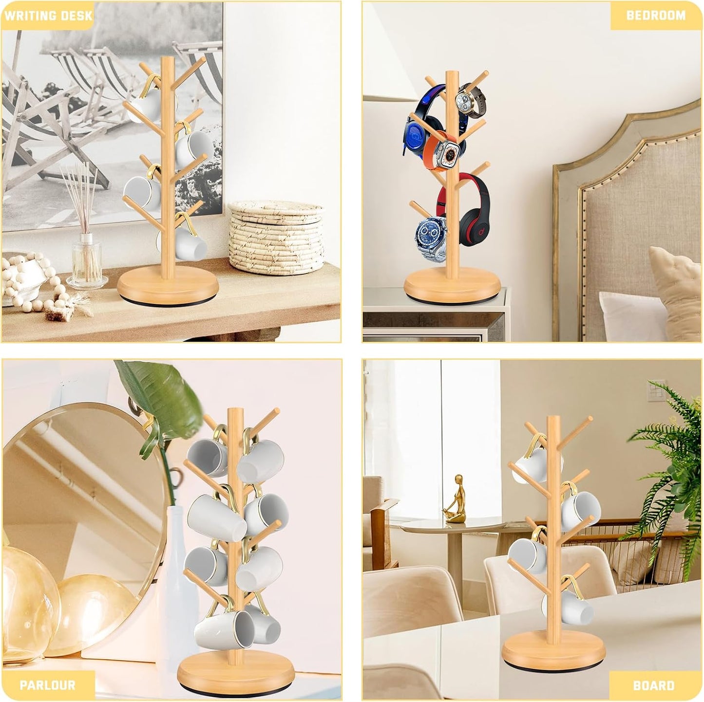 Mug Holder Tree,New Upgraded 360° Rotated 8 Hooks Coffee Cup Holder for Counter,Wood Coffee Mug Rack Standing for Coffe