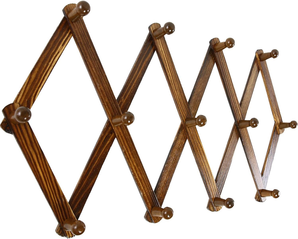 AMAPON Accordion Wall Hanger Expandable Coat Hat Rack 13Peg (Walnut) 2 Pack | Hang Hats Jackets Coffee Mug Purses