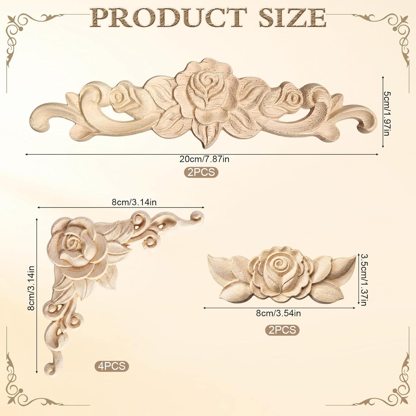 Wood Appliques and Onlays for Furniture Carved Onlays DIY / Rose Style / Small Size / Set of 8