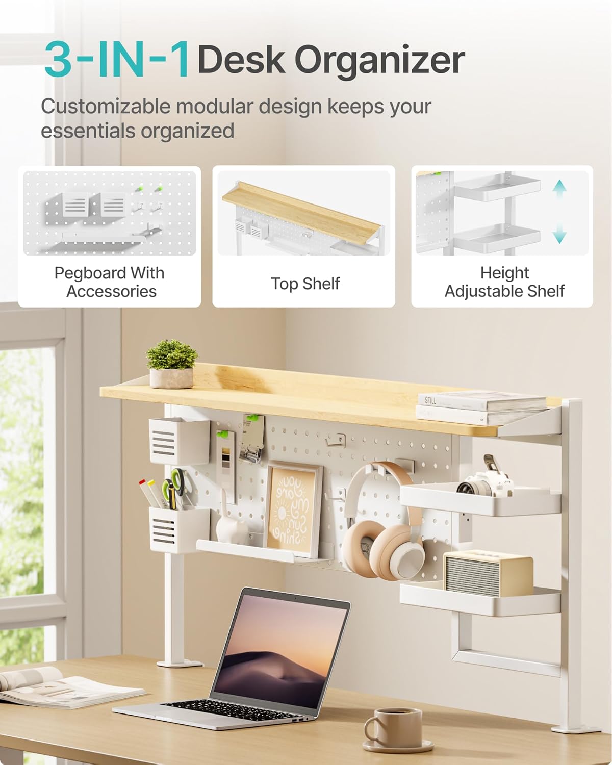 Clamp on Desk Shelf, 44" Desktop Shelving System, White | with Pegboard and Accessories, Desktop Organizer with 2-Tier